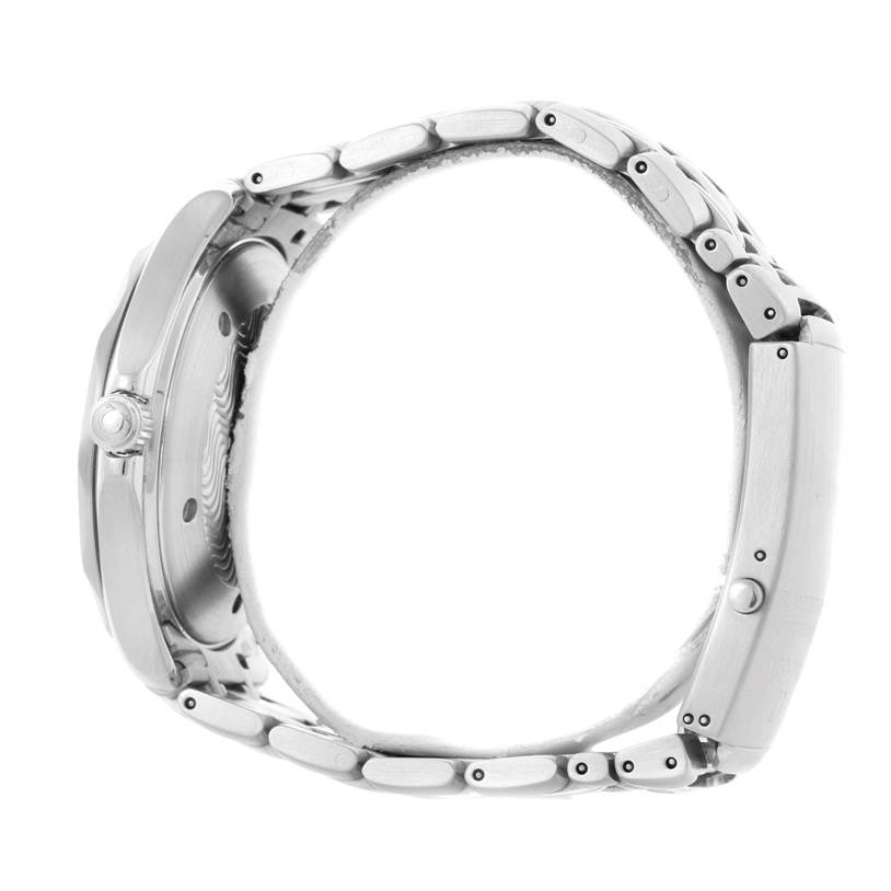 The image shows a side view of the Omega Seamaster 2531.80.00 Men
s Stainless Steel Blue Dial 2531.80.00 Men
s Stainless Steel Blue Dial watch, highlighting the crown, case, and part of the metal bracelet.