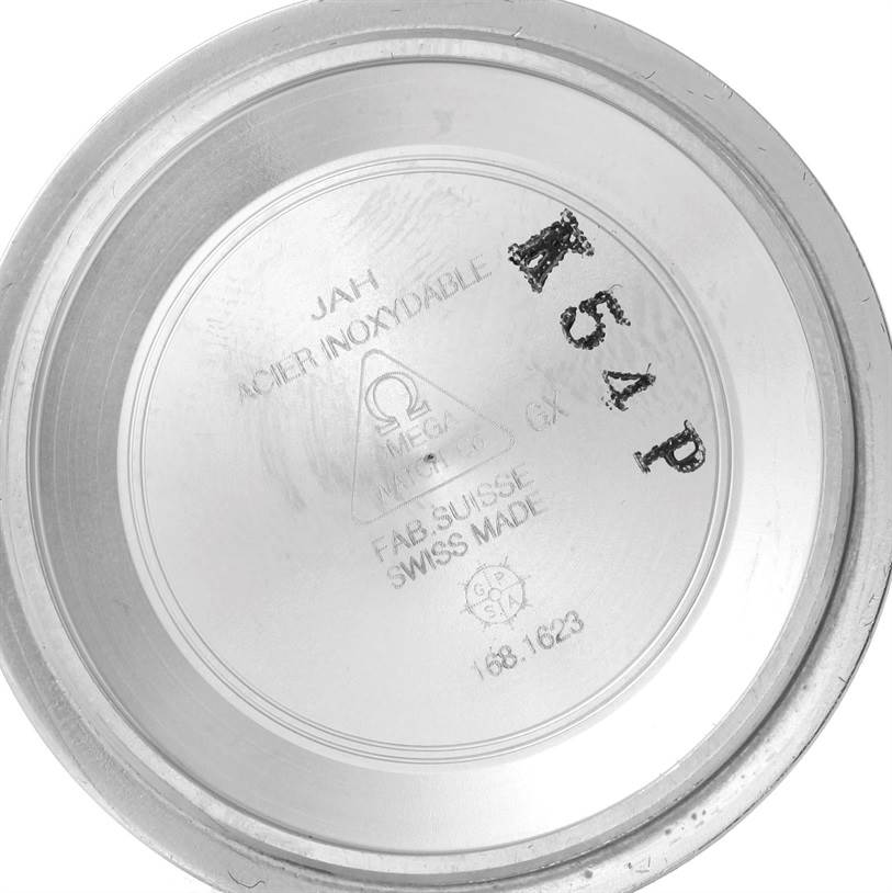 The image shows the inside of the case back of an Omega Seamaster 2531.80.00 Men
s Stainless Steel Blue Dial 2531.80.00 Men
s Stainless Steel Blue Dial watch with engraved details.