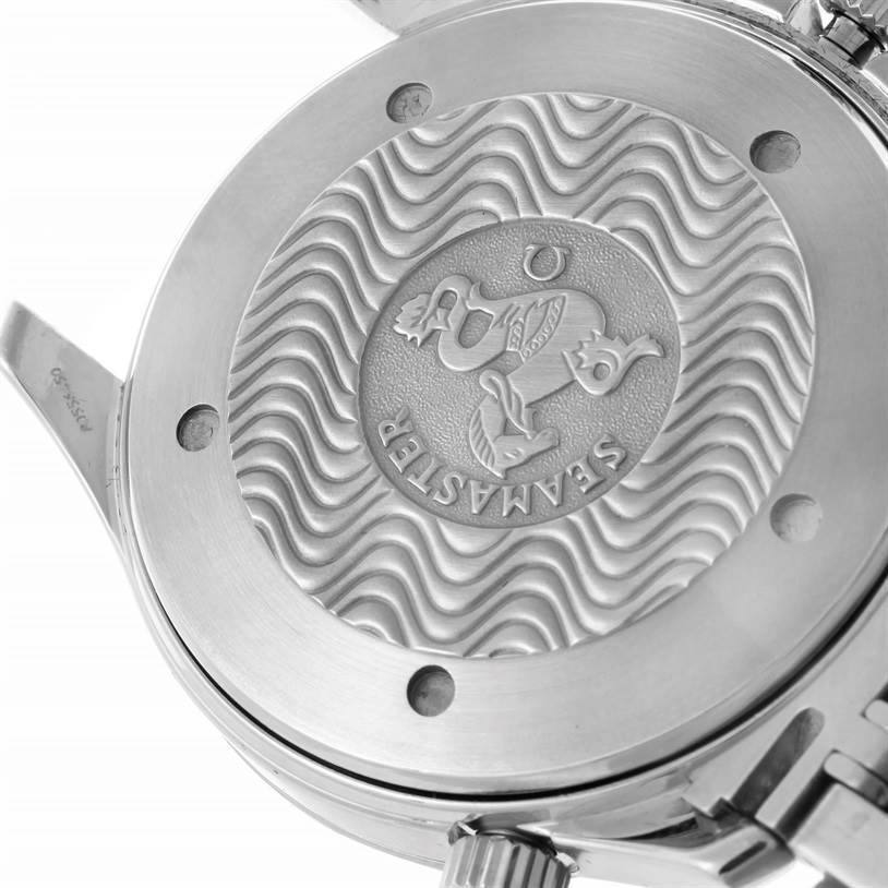 The image shows the back case of an Omega Seamaster 2531.80.00 Men
s Stainless Steel Blue Dial 2531.80.00 Men
s Stainless Steel Blue Dial watch, featuring its engraved wave pattern and logos.