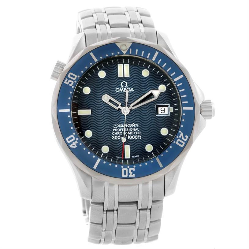 The image shows a front view of the Omega Seamaster 2531.80.00 Men
s Stainless Steel Blue Dial 2531.80.00 Men
s Stainless Steel Blue Dial watch, highlighting its dial, hands, bezel, and bracelet.