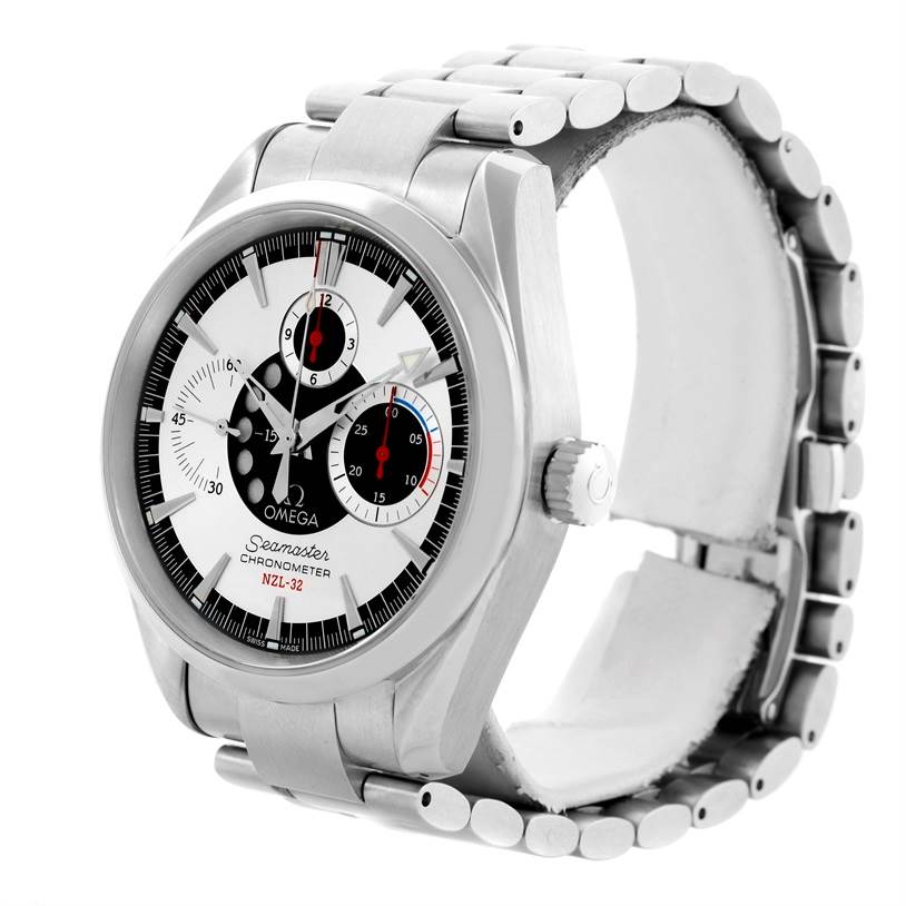 The Omega Seamaster 2513.30.00 Men
s Stainless Steel Silver Dial 2513.30.00 Men
s Stainless Steel Silver Dial watch is displayed at an angled close-up, showcasing its face, chronograph dials, and metal bracelet.