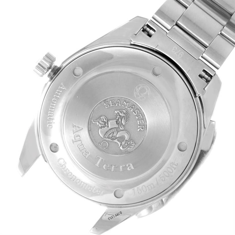 The image shows the case back and part of the bracelet of an Omega Seamaster 2513.30.00 Men
s Stainless Steel Silver Dial 2513.30.00 Men
s Stainless Steel Silver Dial Aqua Terra watch.