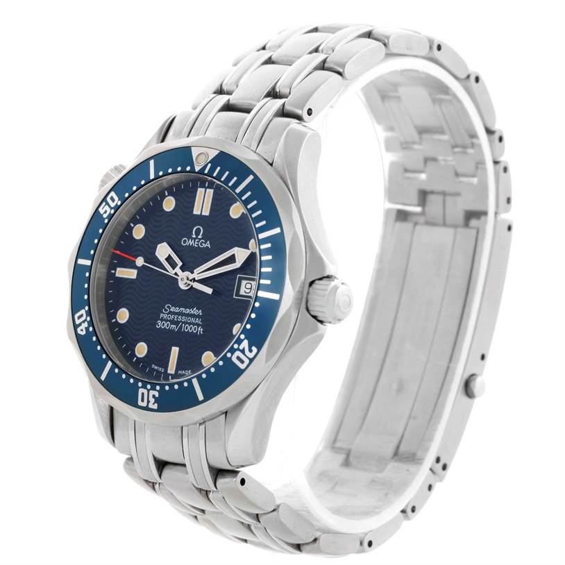 This Omega Seamaster 2561.80.00 Men
s Stainless Steel Blue Dial 2561.80.00 Men
s Stainless Steel Blue Dial watch is shown from a slight side angle, displaying the dial, bezel, crown, and bracelet.
