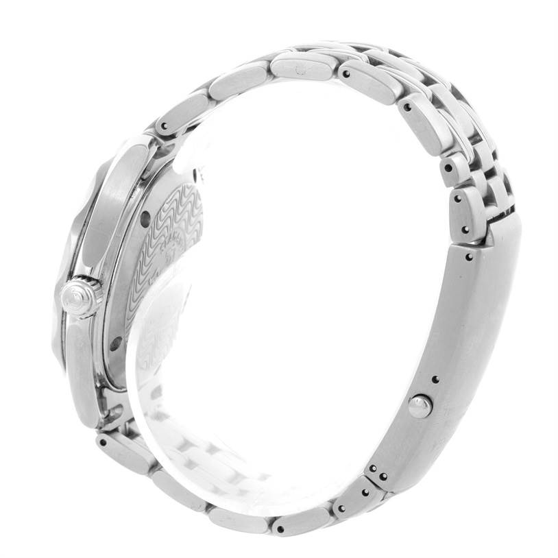 The Omega Seamaster 2561.80.00 Men
s Stainless Steel Blue Dial 2561.80.00 Men
s Stainless Steel Blue Dial watch is shown from the side angle, highlighting the crown, case, back, and part of the metal bracelet.