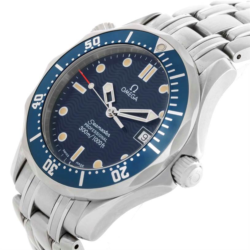 The Omega Seamaster 2561.80.00 Men
s Stainless Steel Blue Dial 2561.80.00 Men
s Stainless Steel Blue Dial watch is shown at an angled close-up, highlighting its face, bezel, crown, and part of the bracelet.