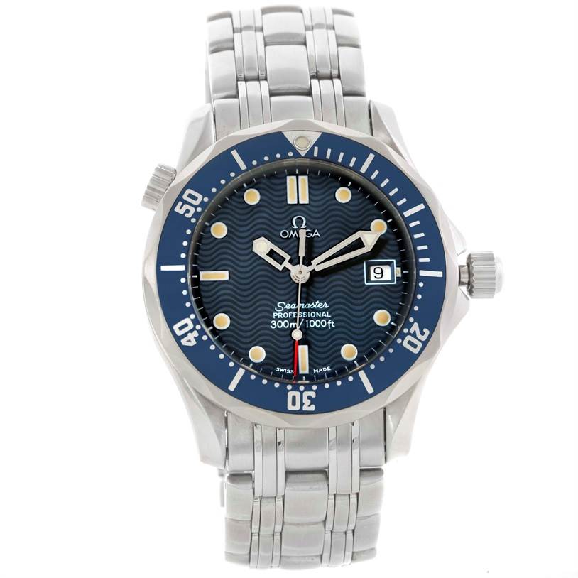 The Omega Seamaster 2561.80.00 Men
s Stainless Steel Blue Dial 2561.80.00 Men
s Stainless Steel Blue Dial watch is shown from a front angle, displaying the dial, bezel, bracelet, and crown.