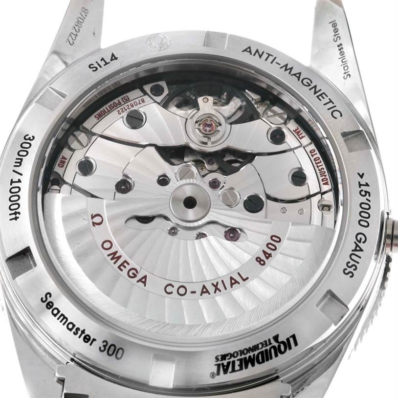 The image shows the back case and internal mechanism of the Omega Seamaster 233.30.41.21.01.001 Men
s Stainless Steel Black Dial 233.30.41.21.01.001 Men
s Stainless Steel Black Dial 300 Co-Axial 8400 watch.