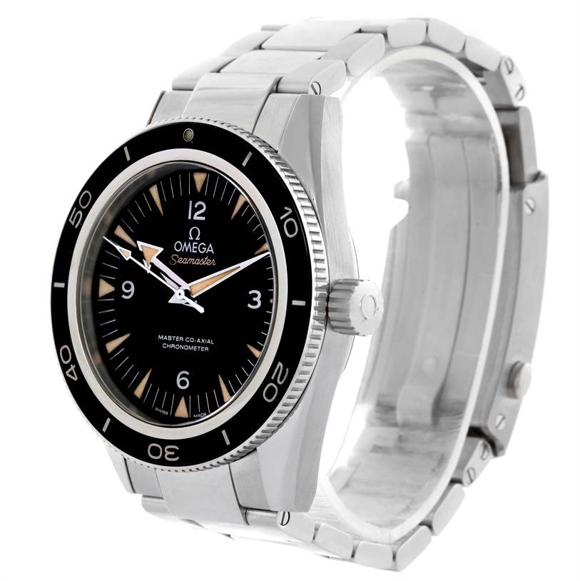 The image shows an Omega Seamaster 233.30.41.21.01.001 Men
s Stainless Steel Black Dial 233.30.41.21.01.001 Men
s Stainless Steel Black Dial watch from a front-left angle, displaying the dial, bezel, crown, and bracelet.