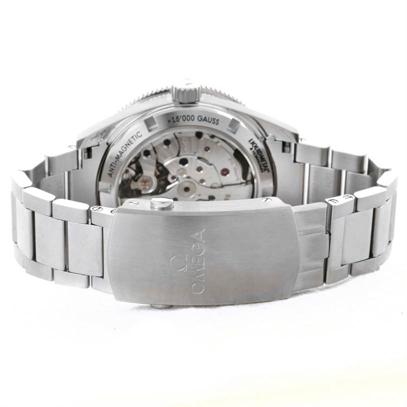 The image shows the back view of an Omega Seamaster 233.30.41.21.01.001 Men
s Stainless Steel Black Dial 233.30.41.21.01.001 Men
s Stainless Steel Black Dial watch, highlighting its open case back and metal bracelet clasp.