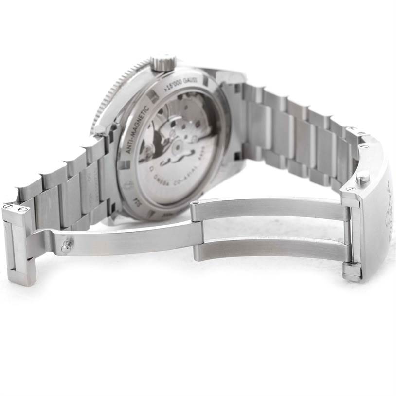 The image shows the open clasp and back of an Omega Seamaster 233.30.41.21.01.001 Men
s Stainless Steel Black Dial 233.30.41.21.01.001 Men
s Stainless Steel Black Dial watch, highlighting the stainless steel bracelet and the visible movement.