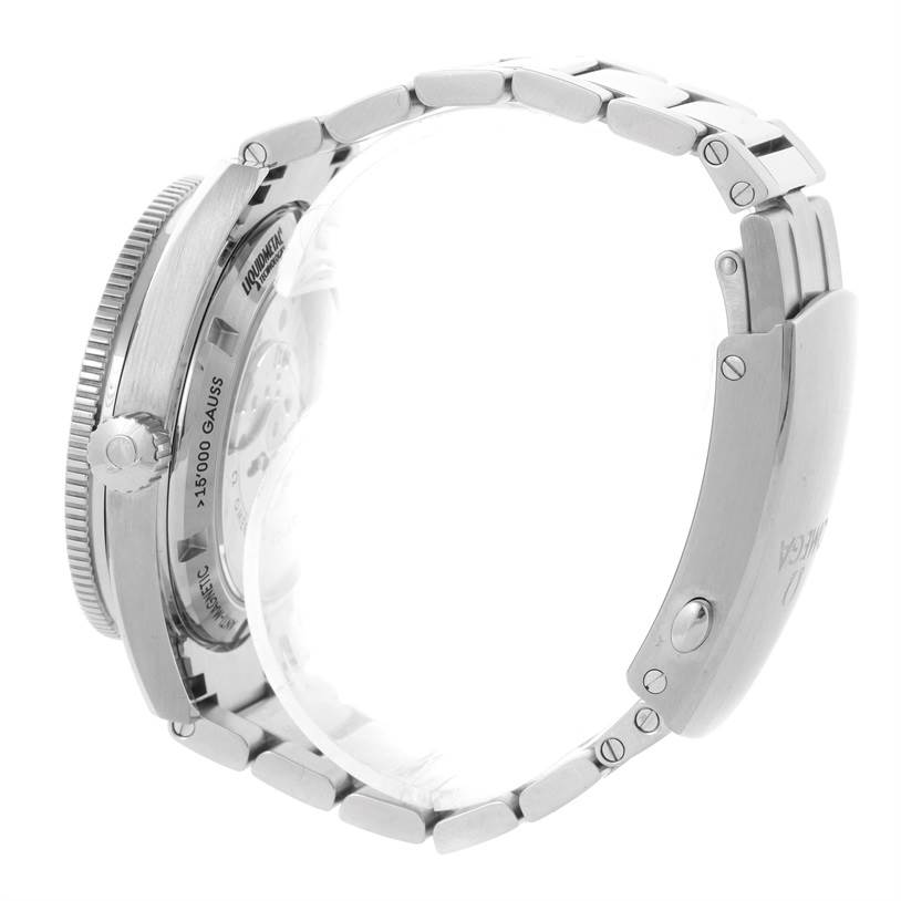 The image shows the side view of an Omega Seamaster 233.30.41.21.01.001 Men
s Stainless Steel Black Dial 233.30.41.21.01.001 Men
s Stainless Steel Black Dial watch, highlighting its bracelet, crown, and part of the case back.