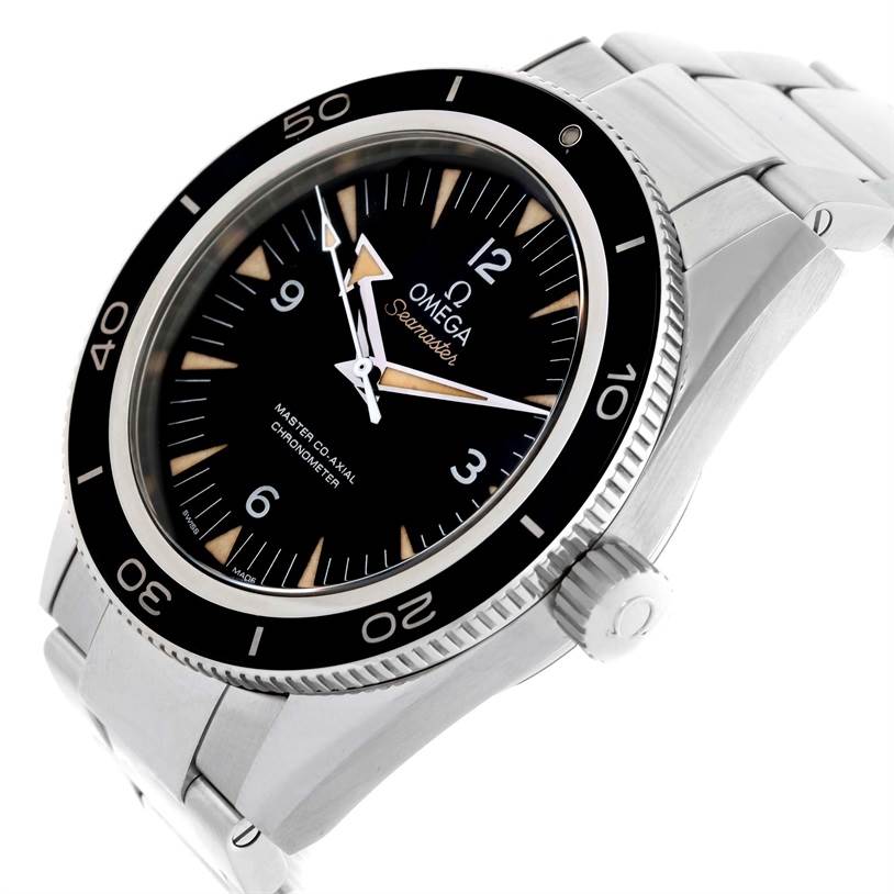 The image shows the Omega Seamaster 233.30.41.21.01.001 Men
s Stainless Steel Black Dial 233.30.41.21.01.001 Men
s Stainless Steel Black Dial watch from a three-quarter angle, highlighting the dial, bezel, crown, and bracelet.