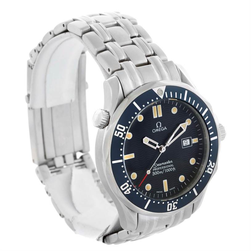 The Omega Seamaster 2541.80.00 Men
s Stainless Steel Blue Dial 2541.80.00 Men
s Stainless Steel Blue Dial watch is shown at a three-quarter angle, highlighting the face, bezel, bracelet, and crown.