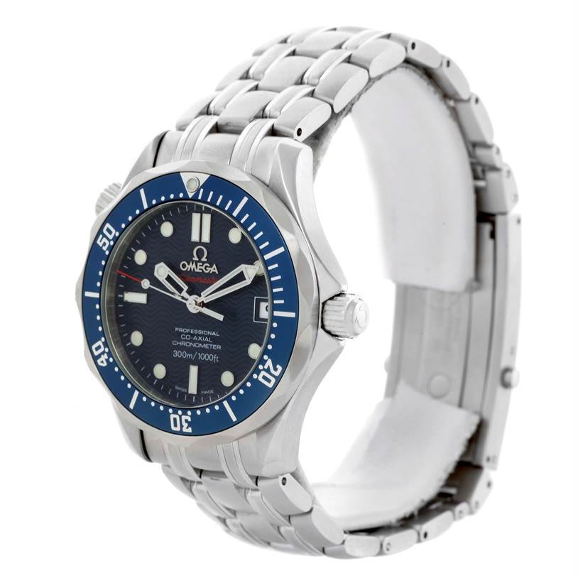 The image shows an Omega Seamaster 2222.80.00 Men
s Stainless Steel Blue Dial 2222.80.00 Men
s Stainless Steel Blue Dial watch from a slightly angled side view, displaying the dial, bezel, crown, and metal bracelet.
