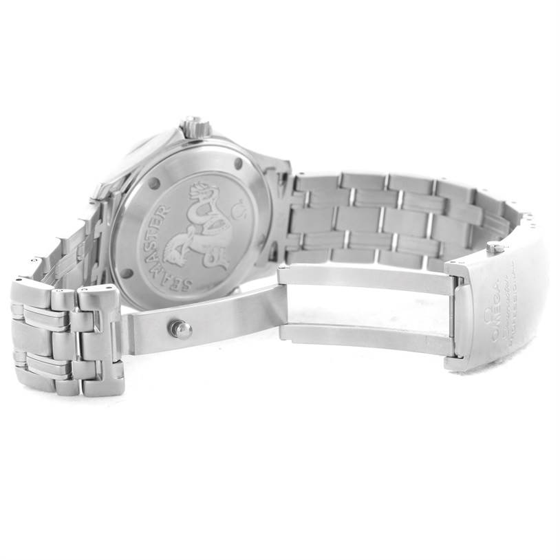 The image shows the back of an Omega Seamaster 2222.80.00 Men
s Stainless Steel Blue Dial 2222.80.00 Men
s Stainless Steel Blue Dial watch and its open bracelet clasp.