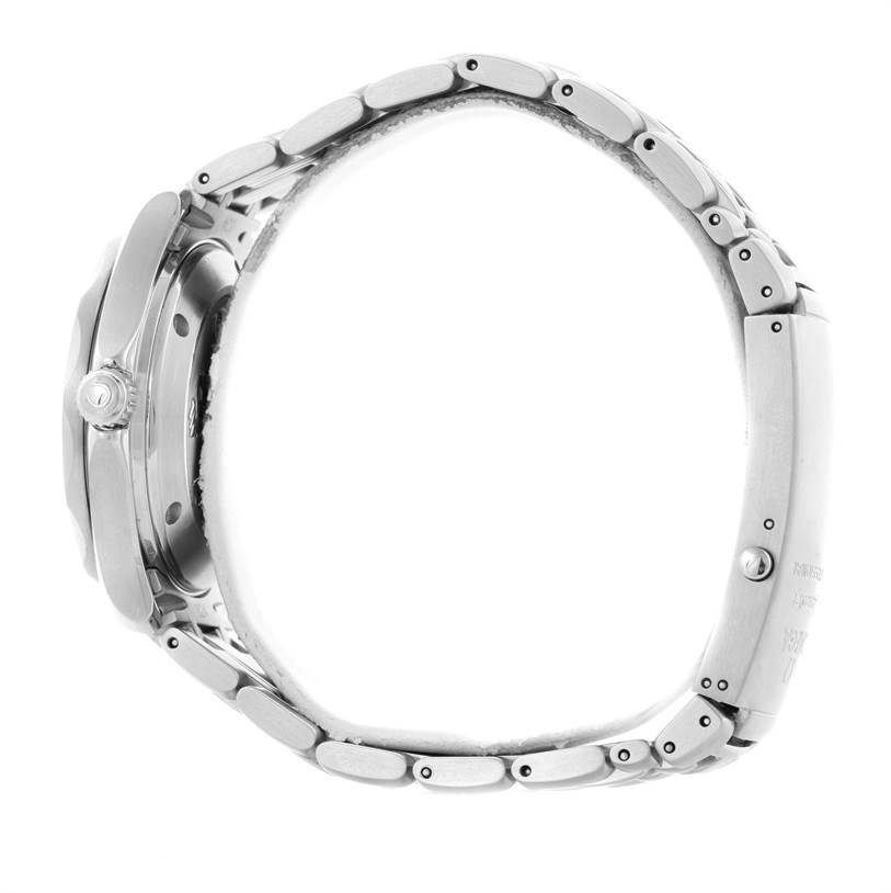 The image shows the side profile of an Omega Seamaster 2222.80.00 Men
s Stainless Steel Blue Dial 2222.80.00 Men
s Stainless Steel Blue Dial watch, highlighting its case, crown, and metal bracelet.