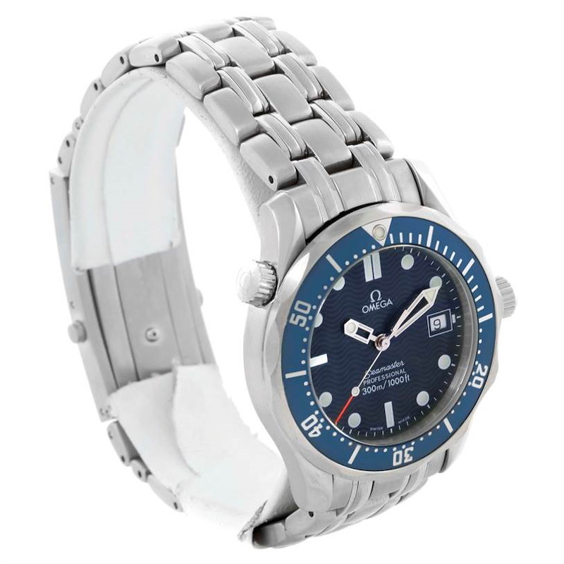 The Omega Seamaster watch is shown at a three-quarter angle, detailing its face, bezel, crown, and bracelet.