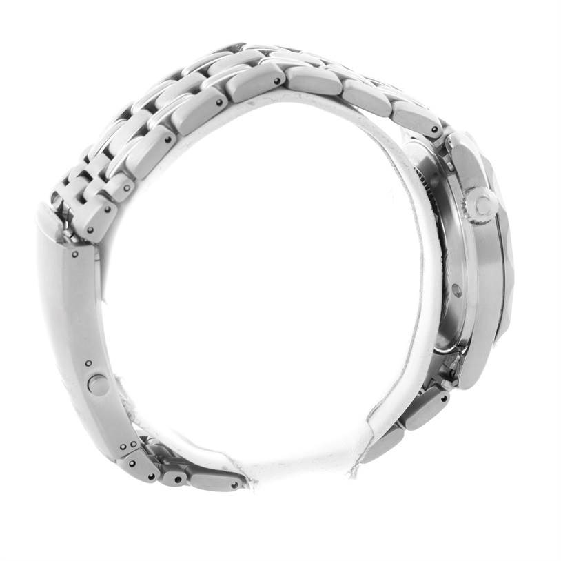 The image shows a side view of the Omega Seamaster 2561.80.00 Men
s Stainless Steel Blue Dial 2561.80.00 Men
s Stainless Steel Blue Dial watch focusing on its metal bracelet and crown.