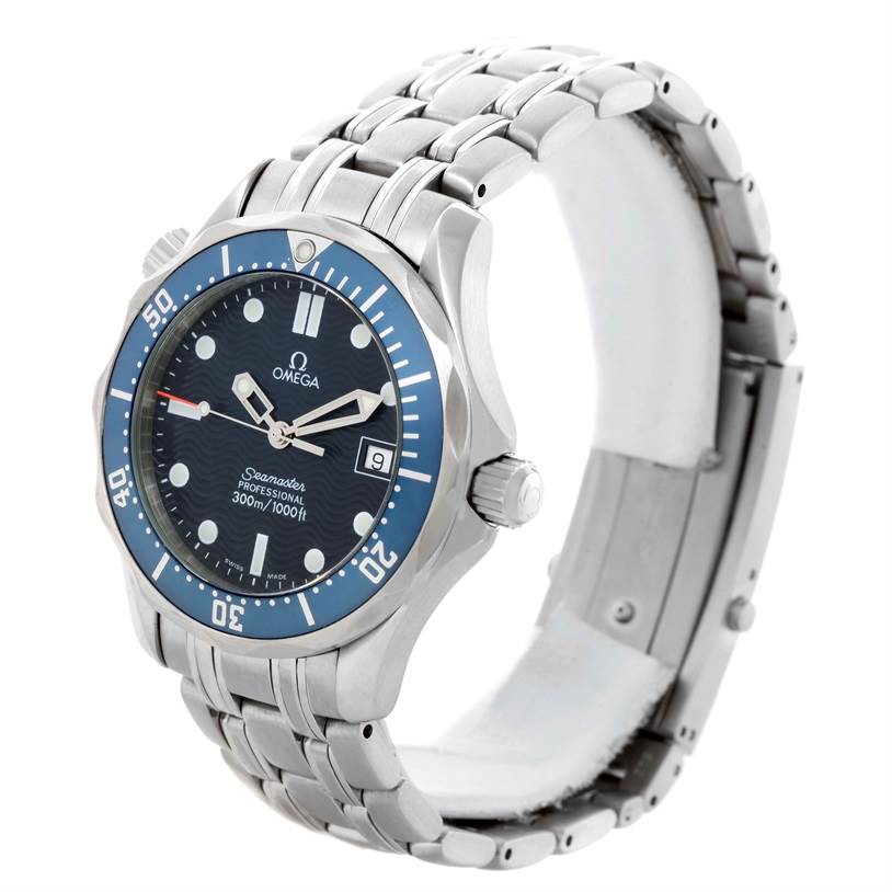 The Omega Seamaster 2561.80.00 Men
s Stainless Steel Blue Dial 2561.80.00 Men
s Stainless Steel Blue Dial watch is shown at a three-quarter angle, highlighting its dial, bezel, bracelet, and crown.