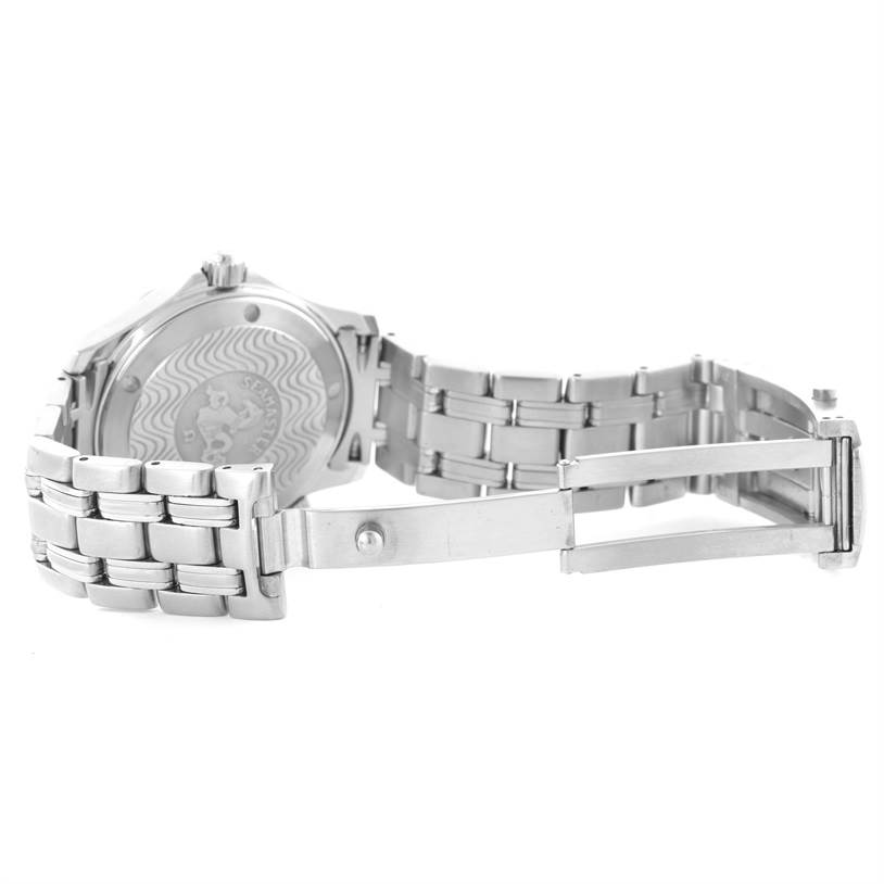 The image shows the open clasp and the engraved case back of an Omega Seamaster 2561.80.00 Men
s Stainless Steel Blue Dial 2561.80.00 Men
s Stainless Steel Blue Dial model watch from a rear angle.