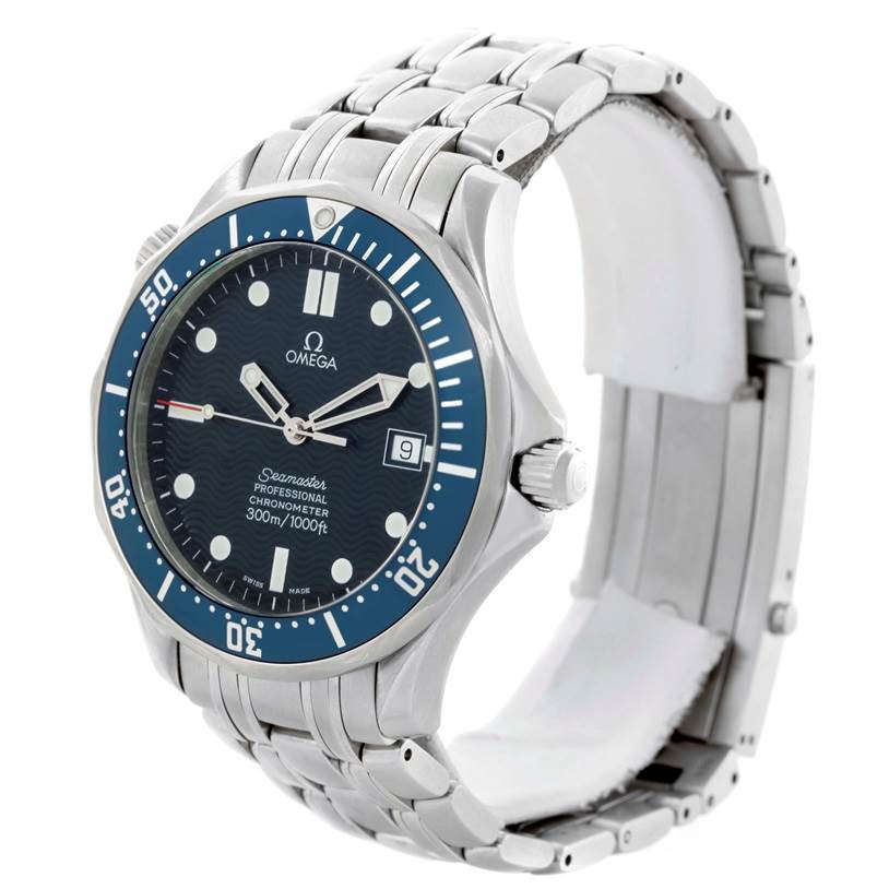 The Omega Seamaster 2531.80.00 Men
s Stainless Steel Blue Dial 2531.80.00 Men
s Stainless Steel Blue Dial watch is shown from a three-quarter angle, highlighting the dial, bezel, and stainless steel bracelet.