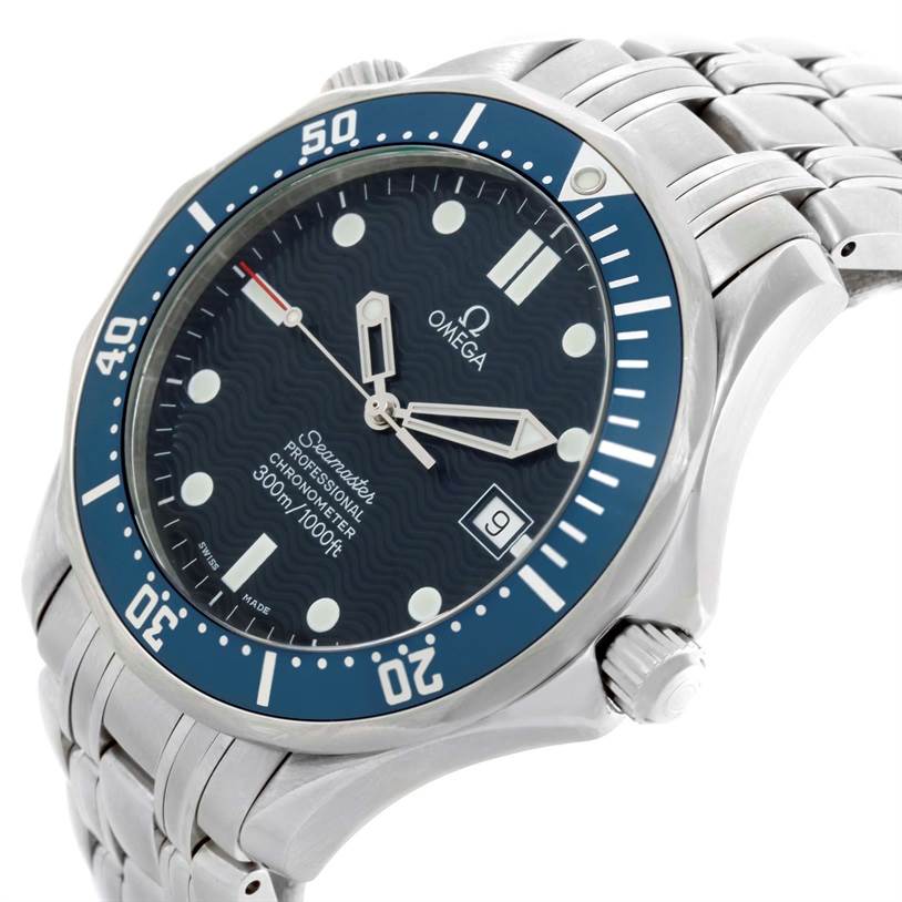 The image shows an Omega Seamaster 2531.80.00 Men
s Stainless Steel Blue Dial 2531.80.00 Men
s Stainless Steel Blue Dial watch from a slightly tilted side angle, highlighting its face, bezel, and bracelet.