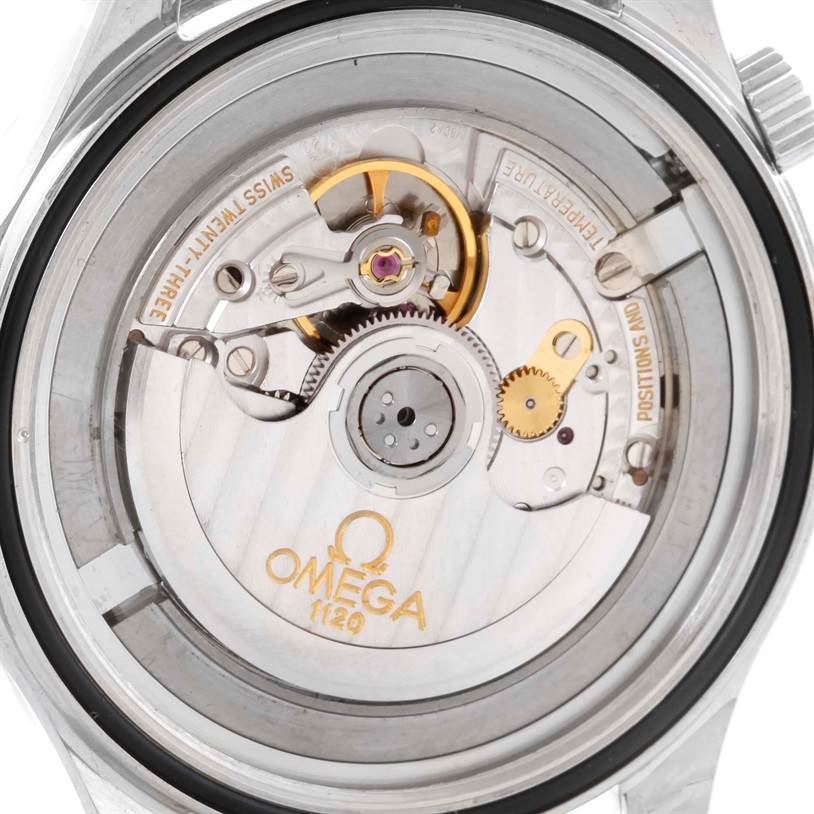 The image shows the movement mechanism of an Omega Seamaster 2531.80.00 Men
s Stainless Steel Blue Dial 2531.80.00 Men
s Stainless Steel Blue Dial watch, viewed from the back.