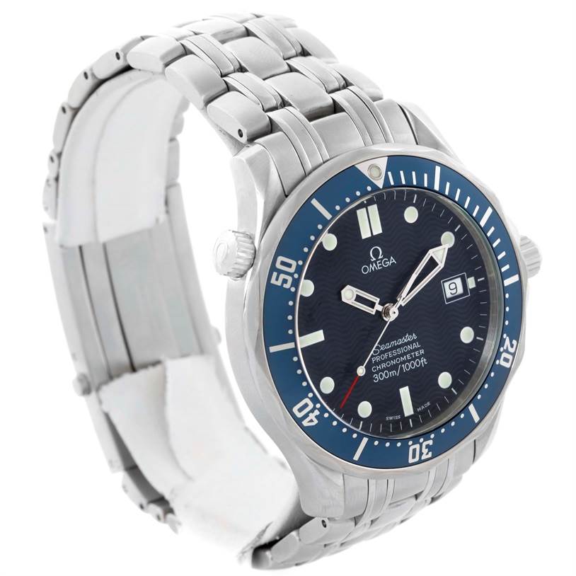 This image shows the Omega Seamaster 2531.80.00 Men
s Stainless Steel Blue Dial 2531.80.00 Men
s Stainless Steel Blue Dial watch at a 3/4 angle, highlighting the face, bezel, and part of the metal strap.