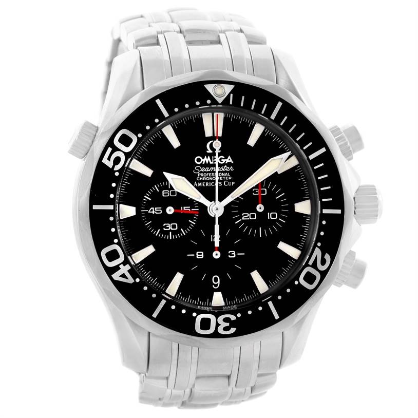 This is a front view of an Omega Seamaster 2594.50.00 Men
s Stainless Steel Black Dial 2594.50.00 Men
s Stainless Steel Black Dial watch, showing the face, bezel, and stainless steel bracelet.