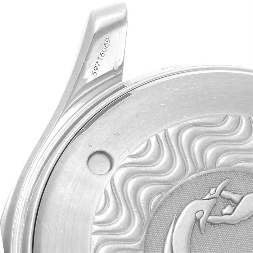 The image shows a close-up of the case back of an Omega Seamaster 2595.50.00 Men
s Stainless Steel Black Dial 2595.50.00 Men
s Stainless Steel Black Dial watch, including part of a watch lug and engraved serial number.