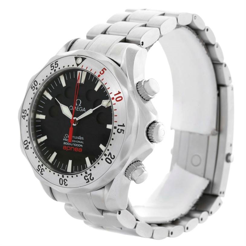 The Omega Seamaster 2595.50.00 Men
s Stainless Steel Black Dial 2595.50.00 Men
s Stainless Steel Black Dial watch is shown at a three-quarter angle, highlighting the bracelet, case, and dial.