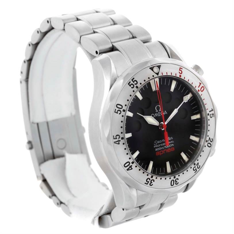 The Omega Seamaster 2595.50.00 Men
s Stainless Steel Black Dial 2595.50.00 Men
s Stainless Steel Black Dial watch is shown at an angle highlighting the face, bezel, and part of the metal strap.