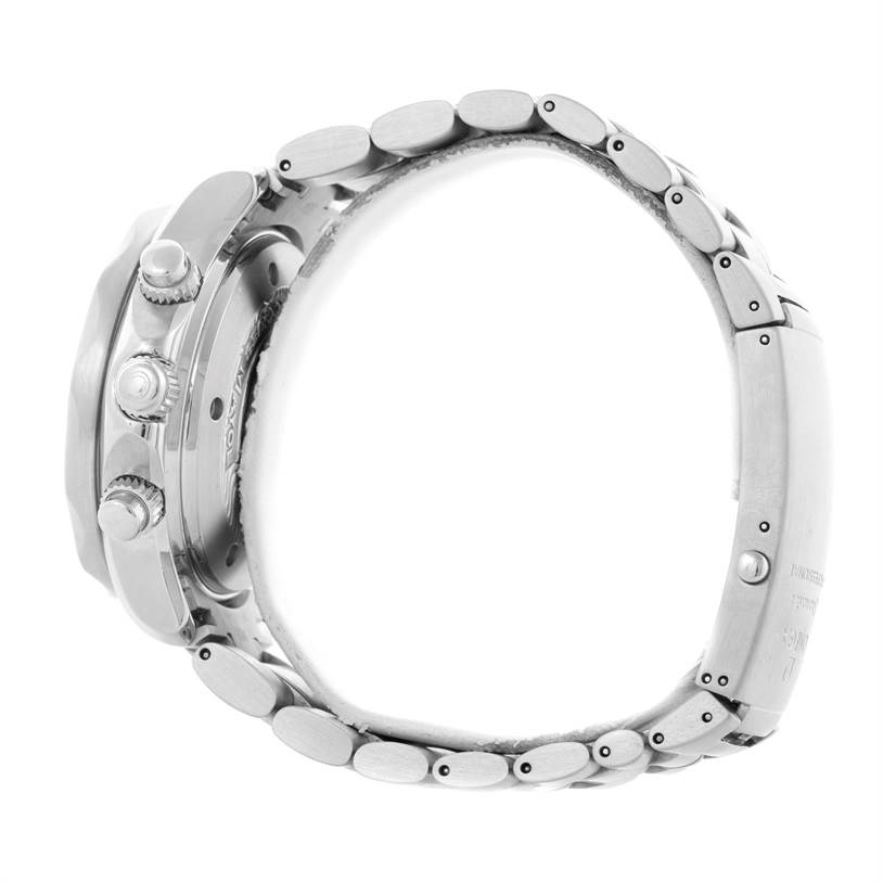 The image shows a side view of an Omega Seamaster 2595.50.00 Men
s Stainless Steel Black Dial 2595.50.00 Men
s Stainless Steel Black Dial watch, highlighting its crown, pushers, and stainless steel bracelet.