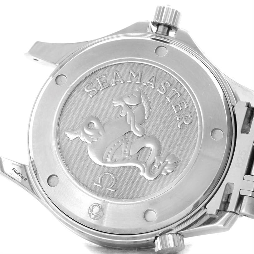 The image displays the back view of an Omega Seamaster 2220.80.00 Men
s Stainless Steel Blue Dial 2220.80.00 Men
s Stainless Steel Blue Dial watch, highlighting the case back and crown.