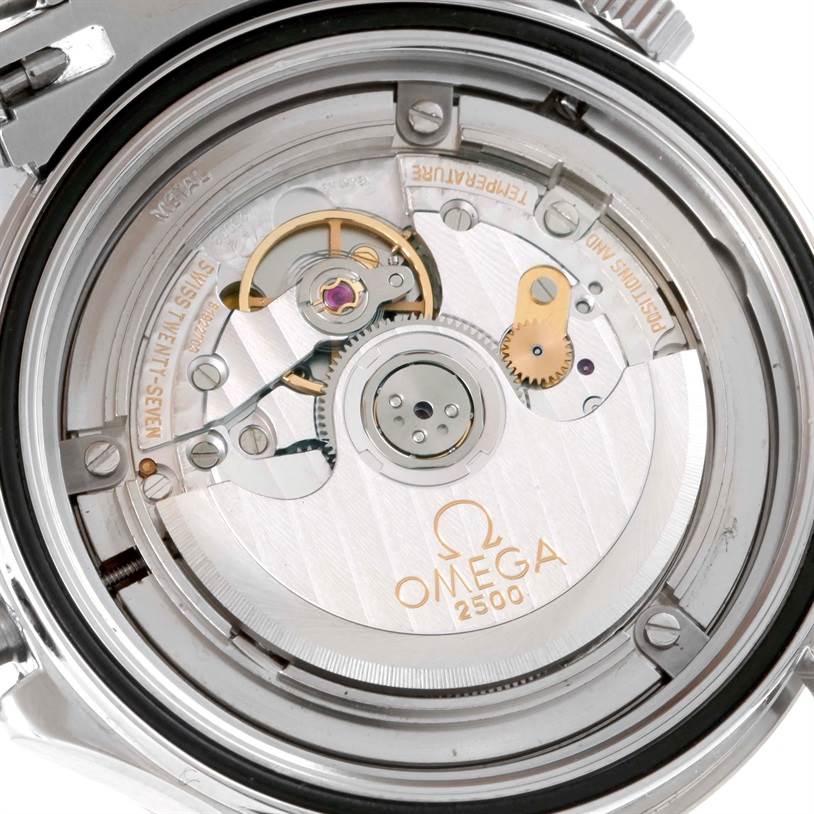 The image shows the inner workings of an Omega Seamaster 2220.80.00 Men
s Stainless Steel Blue Dial 2220.80.00 Men
s Stainless Steel Blue Dial watch, focusing on the movement labeled Omega 2500.