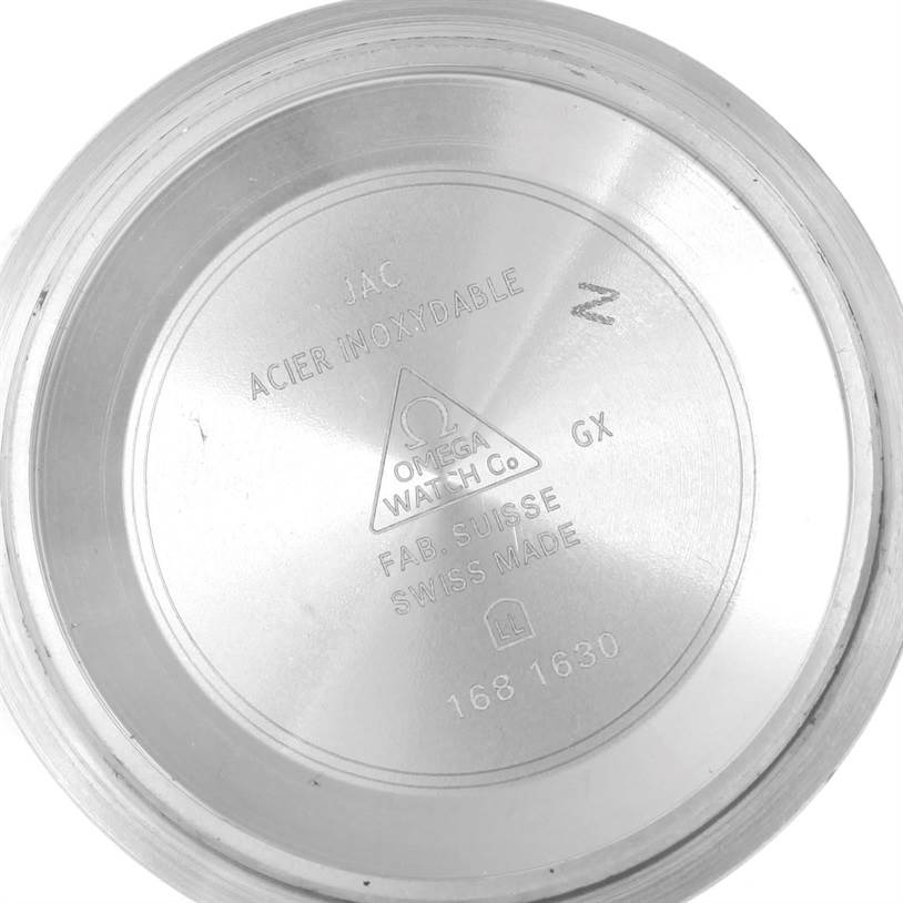 The image shows the inner case back of an Omega Seamaster 2220.80.00 Men
s Stainless Steel Blue Dial 2220.80.00 Men
s Stainless Steel Blue Dial watch, displaying various engravings and model information.