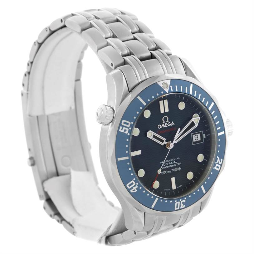 The image shows an Omega Seamaster 2220.80.00 Men
s Stainless Steel Blue Dial 2220.80.00 Men
s Stainless Steel Blue Dial watch from a three-quarter angle, highlighting the face, bezel, crown, and bracelet.
