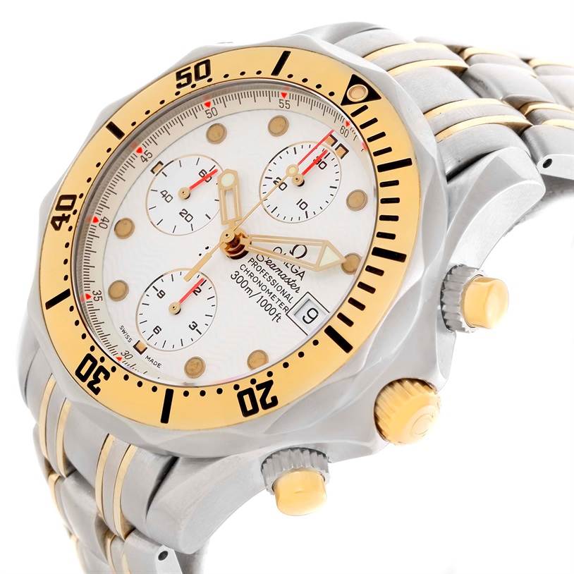The Omega Seamaster 2398.20.00 Men's Steel and Gold (two tone) White Dial 2398.20.00 Men's Steel and Gold (two tone) White Dial watch is shown from an oblique angle highlighting the face, bezel, chronograph dials, and part of the bracelet.