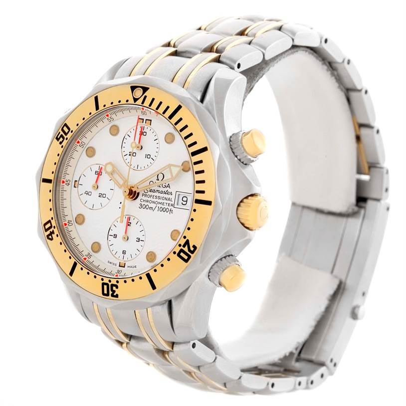 The image shows a side and front view of the Omega Seamaster 2398.20.00 Men's Steel and Gold (two tone) White Dial 2398.20.00 Men's Steel and Gold (two tone) White Dial watch, highlighting its dial, bezel, and bracelet.