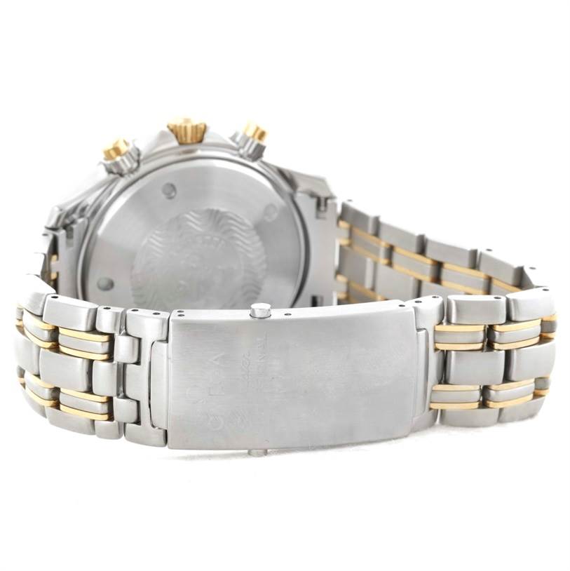 This image shows the back case and metal bracelet of an Omega Seamaster 2398.20.00 Men's Steel and Gold (two tone) White Dial 2398.20.00 Men's Steel and Gold (two tone) White Dial watch, showcasing its clasp and crown.