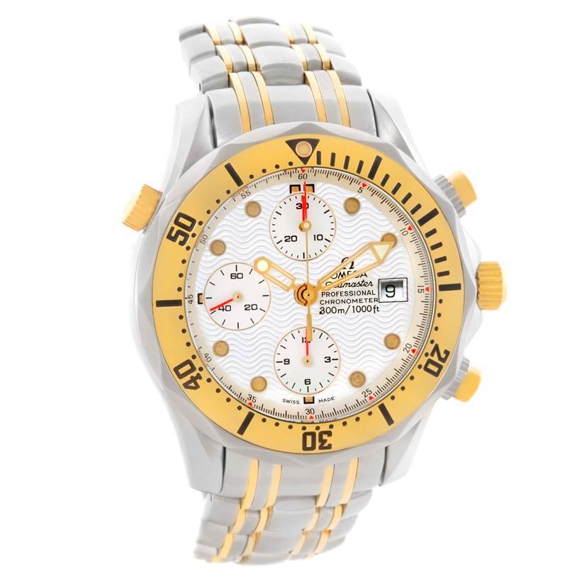 The Omega Seamaster 2398.20.00 Men's Steel and Gold (two tone) White Dial 2398.20.00 Men's Steel and Gold (two tone) White Dial watch is shown at a slight angle, displaying its face, bezel, chronograph dials, and metal bracelet.