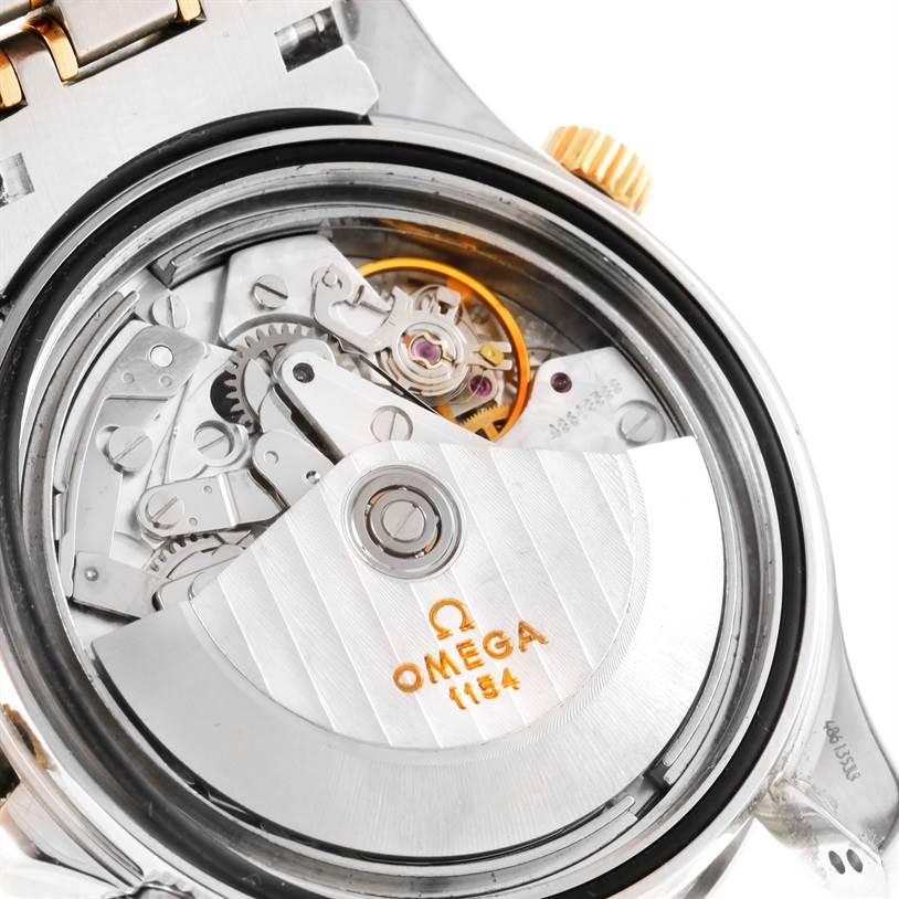 The image shows the movement mechanism of an Omega Seamaster 2398.20.00 Men's Steel and Gold (two tone) White Dial 2398.20.00 Men's Steel and Gold (two tone) White Dial model watch viewed from the back.