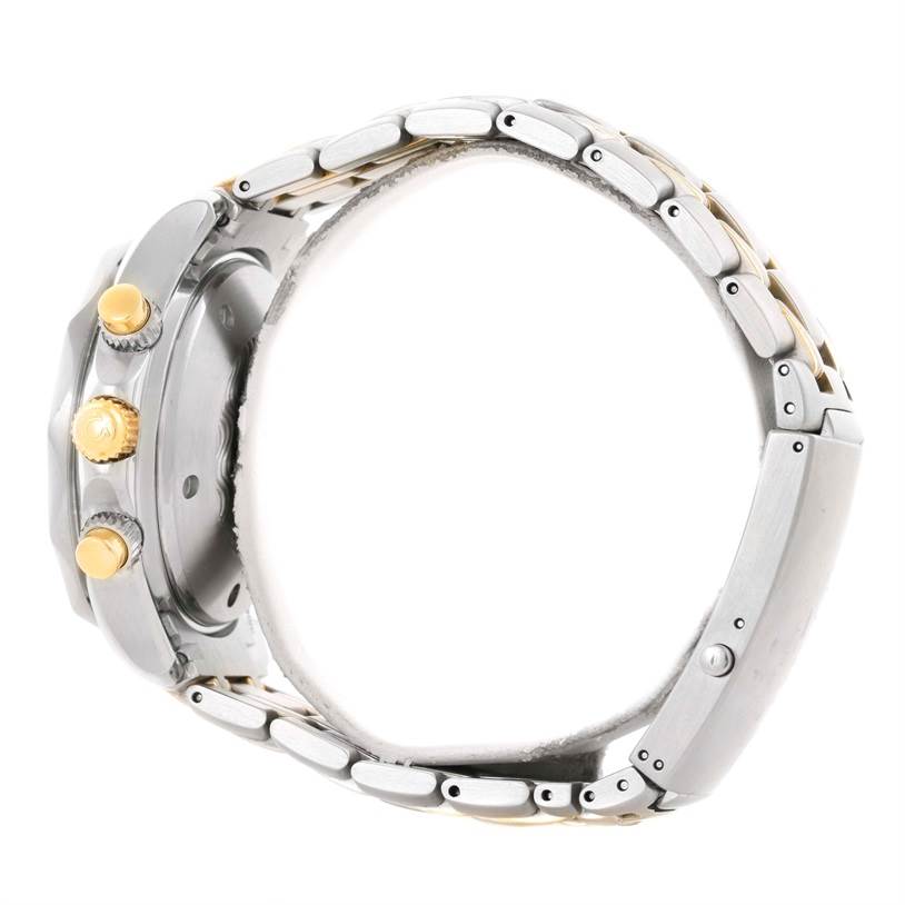 The image shows a side view of the Omega Seamaster 2398.20.00 Men's Steel and Gold (two tone) White Dial 2398.20.00 Men's Steel and Gold (two tone) White Dial watch, highlighting the bracelet, crown, and pushers.