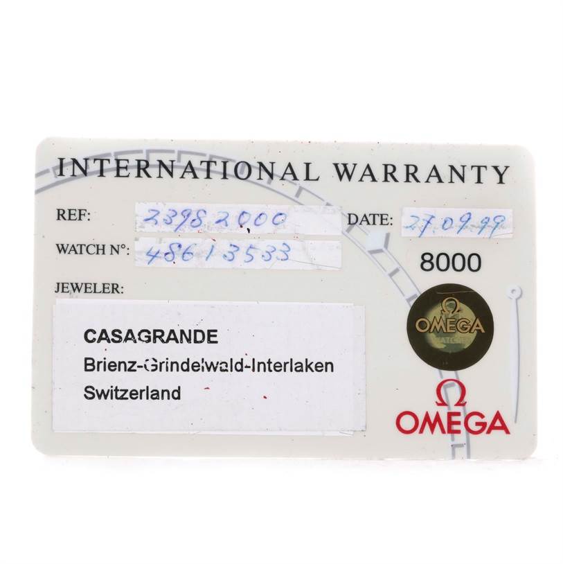 This image shows an International Warranty card for an Omega Seamaster 2398.20.00 Men's Steel and Gold (two tone) White Dial 2398.20.00 Men's Steel and Gold (two tone) White Dial watch.
