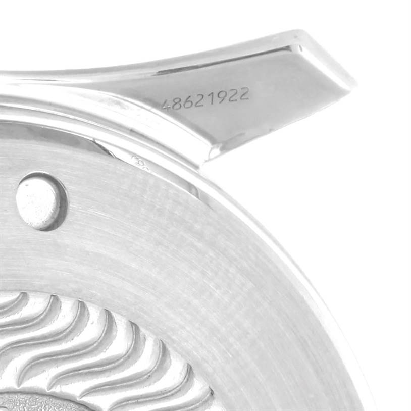 The image shows a close-up of the case back and lug of an Omega Seamaster 2599.80.00 Men
s Stainless Steel Blue Dial 2599.80.00 Men
s Stainless Steel Blue Dial watch, featuring intricate details and a serial number.