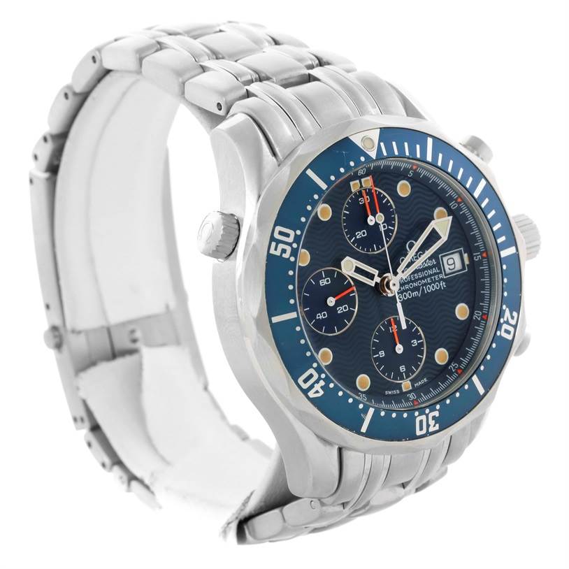 The Omega Seamaster 2599.80.00 Men
s Stainless Steel Blue Dial 2599.80.00 Men
s Stainless Steel Blue Dial model is shown at an angle highlighting the blue dial, chronograph subdials, and silver bracelet.