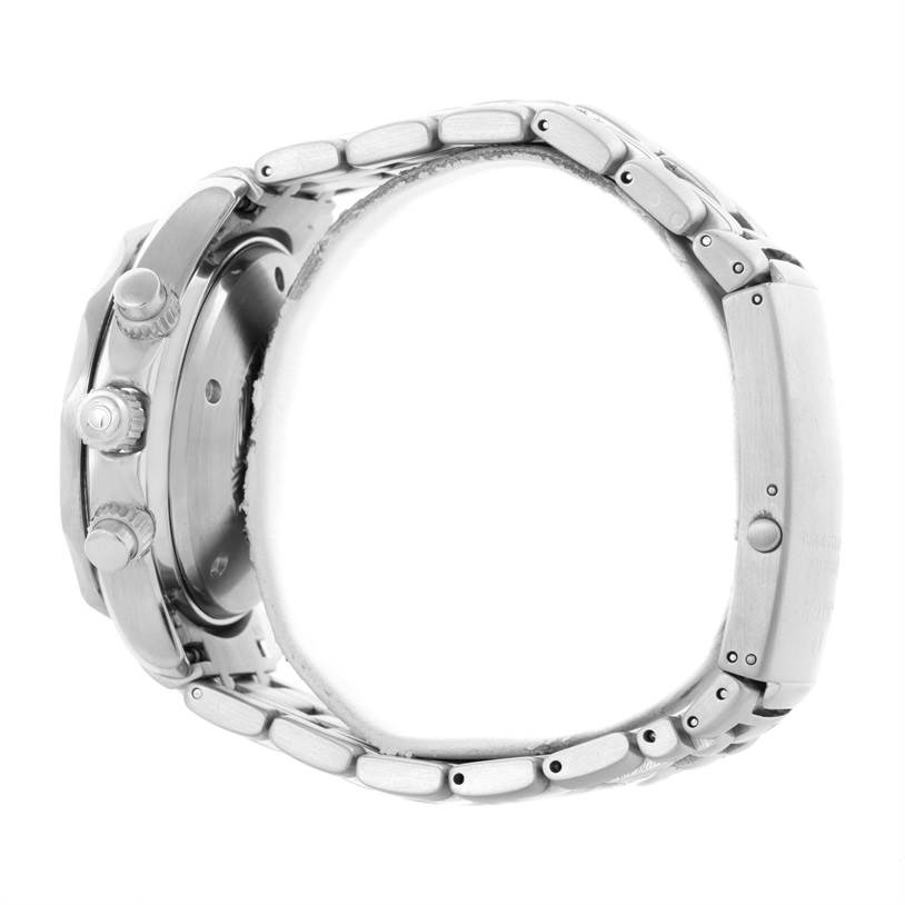 The image shows a side view of the Omega Seamaster 2599.80.00 Men
s Stainless Steel Blue Dial 2599.80.00 Men
s Stainless Steel Blue Dial watch, highlighting its case, crown, push buttons, and metal bracelet.