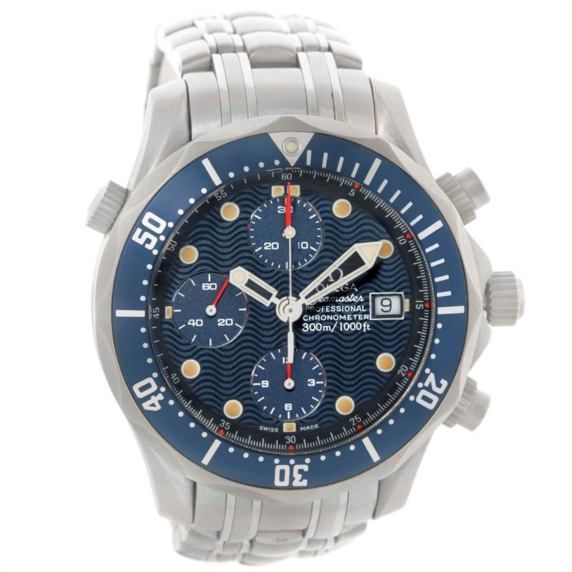 The image shows a front view of an Omega Seamaster 2599.80.00 Men
s Stainless Steel Blue Dial 2599.80.00 Men
s Stainless Steel Blue Dial watch, displaying the face, bezel, crown, and part of the bracelet.