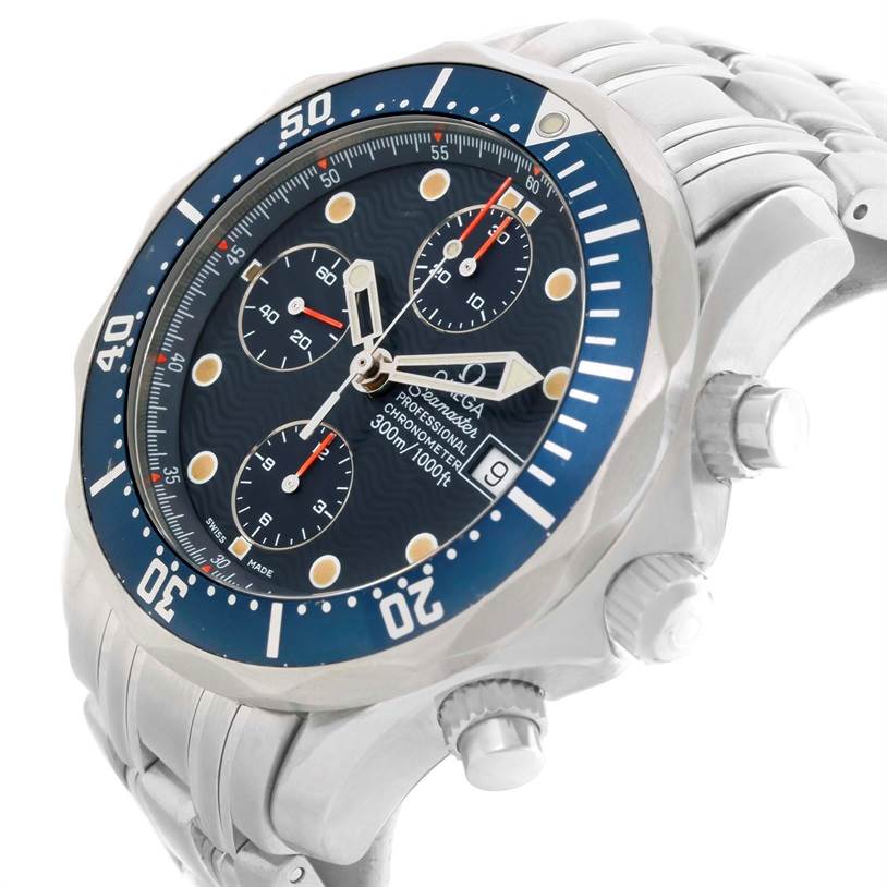 The image shows a close-up, angled view of the face and side of an Omega Seamaster 2599.80.00 Men
s Stainless Steel Blue Dial 2599.80.00 Men
s Stainless Steel Blue Dial watch, including its bezel, dial, and chronograph buttons.