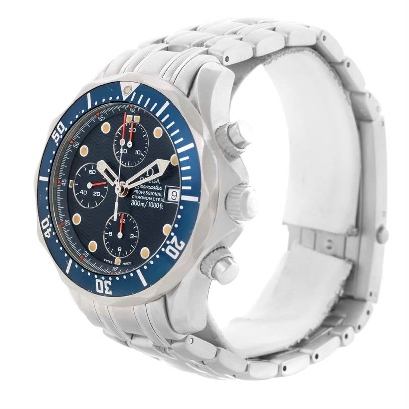 The Omega Seamaster 2599.80.00 Men
s Stainless Steel Blue Dial 2599.80.00 Men
s Stainless Steel Blue Dial watch is shown at a 3/4 angle, displaying the face, bezel, crown, pushers, and bracelet.